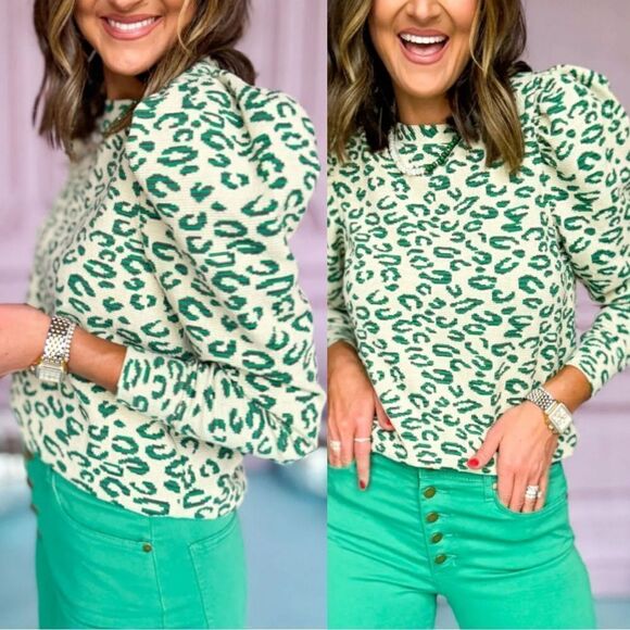 Green Leopard Puff Sleeve Top - Picture 1 of 5